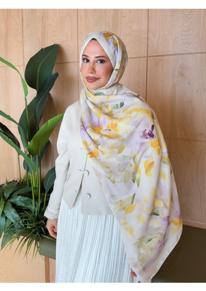 Retro Desen Pamuk Soft Şal Kadın Sarı Lila PS29