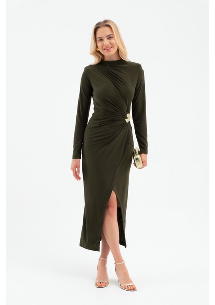 Kadın Haki Aksesuar Detay Midi Elbise