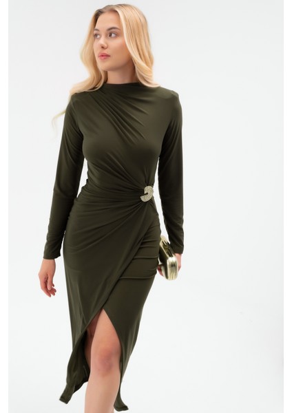 Kadın Haki Aksesuar Detay Midi Elbise modelleri