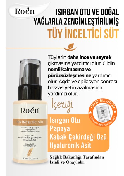 Tüy Azaltıcı, Tüy Süt, Isırgan, Papaya & Hyaluronik Asit Özlü, Nemlendirici Etkili 60 ml