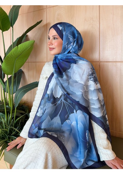 Desenli Pamuk Soft Şal Soon Serisi Lacivert Mavi PS154