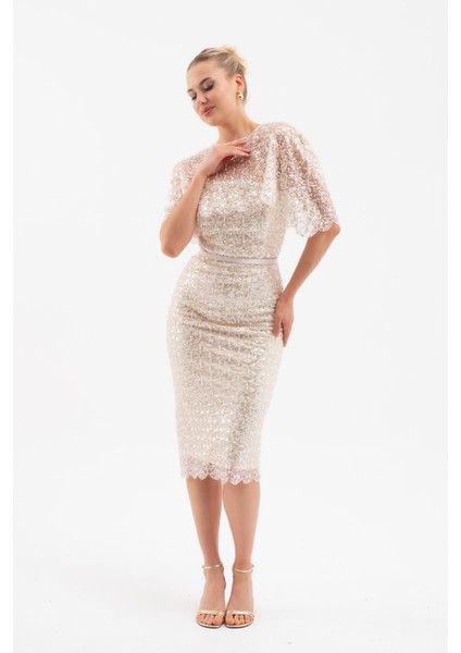Kadın Bej Bolero Detay Boncuklu Midi Söz Nişan Abiye Elbise