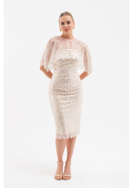 Kadın Bej Bolero Detay Boncuklu Midi Söz Nişan Abiye Elbise fiyatları