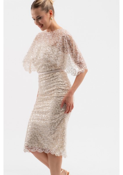 Kadın Bej Bolero Detay Boncuklu Midi Söz Nişan Abiye Elbise modelleri