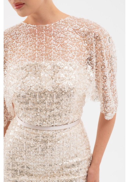 Kadın Bej Bolero Detay Boncuklu Midi Söz Nişan Abiye Elbise fırsatları