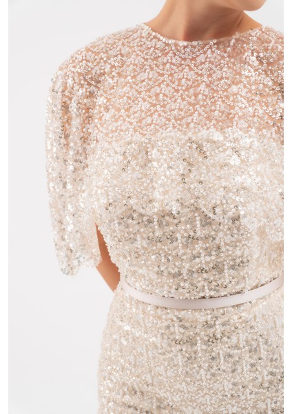 Kadın Bej Bolero Detay Boncuklu Midi Söz Nişan Abiye Elbise indirimleri