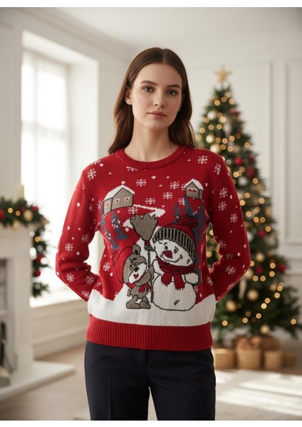 Kadın Yılbaşı Temalı Kardan Adam ve Ayıcık Desenli Triko Kazak