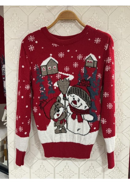 Kadın Yılbaşı Temalı Kardan Adam ve Ayıcık Desenli Triko Kazak fiyatları