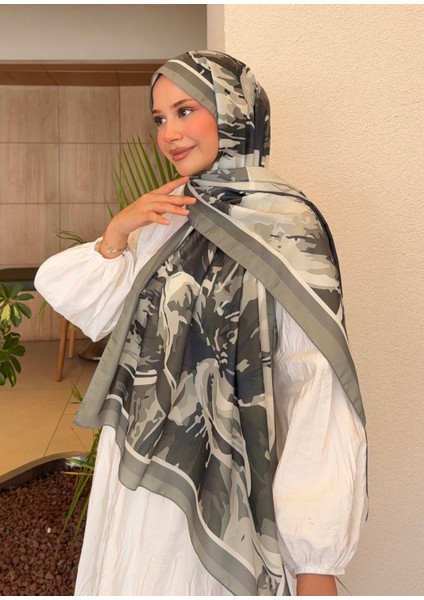 Desenli Pamuk Soft Şal Ilham Serisi Haki Yeşil PS64