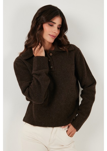 Yün Karışımlı Regular Fit Düğmeli Polo Yaka Kazak Bayan Polo Yaka Kazak 4617019
