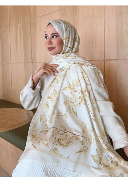 Retro Desen Pamuk Soft Şal Kadın Beyaz Gold PS35