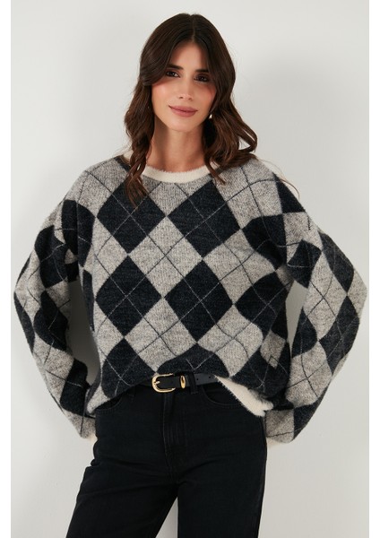 Baklava Desenli Oversize Bisiklet Yaka Yumuşak Dokulu Kazak Bayan Kazak 4616262