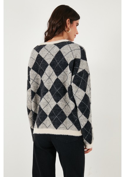 Baklava Desenli Oversize Bisiklet Yaka Yumuşak Dokulu Kazak Bayan Kazak 4616262