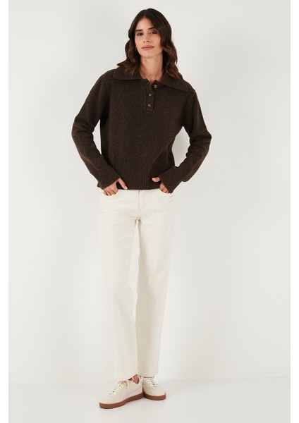 Yün Karışımlı Regular Fit Düğmeli Polo Yaka Kazak Bayan Polo Yaka Kazak 4617019 indirimleri