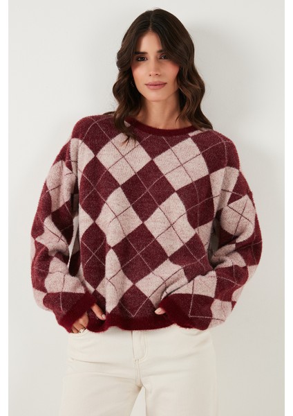 Baklava Desenli Oversize Bisiklet Yaka Yumuşak Dokulu Kazak Bayan Kazak 4616262