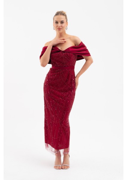 Kadın Bordo Kayık Yaka Midi Boncuklu Abiye Elbise
