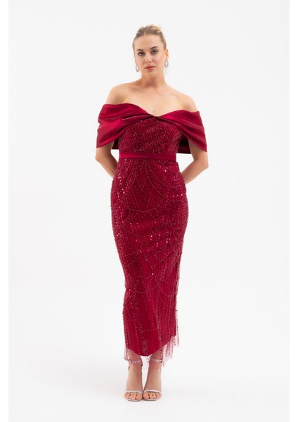 Kadın Bordo Kayık Yaka Midi Boncuklu Abiye Elbise fiyatları