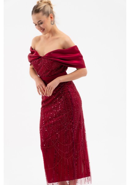 Kadın Bordo Kayık Yaka Midi Boncuklu Abiye Elbise modelleri