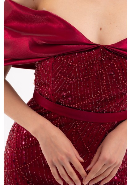 Kadın Bordo Kayık Yaka Midi Boncuklu Abiye Elbise indirimleri