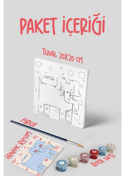 Fil Temalı Çocuk Tuval Boyama Seti | Tuval + 6 Renk Akrilik Boya + Fırça modelleri