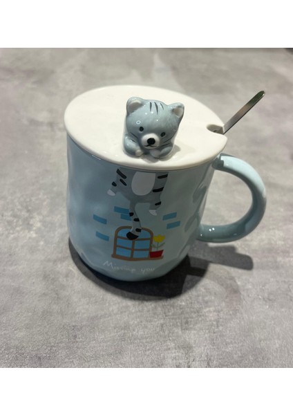 Kaşıklı Kapaklı Kedi Detaylı Porselen Kupa fiyatları