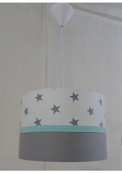Beyaz Yıldızlı Yeşil Şerit M-499 Kumaş Kaplama Çocuk Odası ve Bebek Odası Avize Aydınlatma Sarkıt
