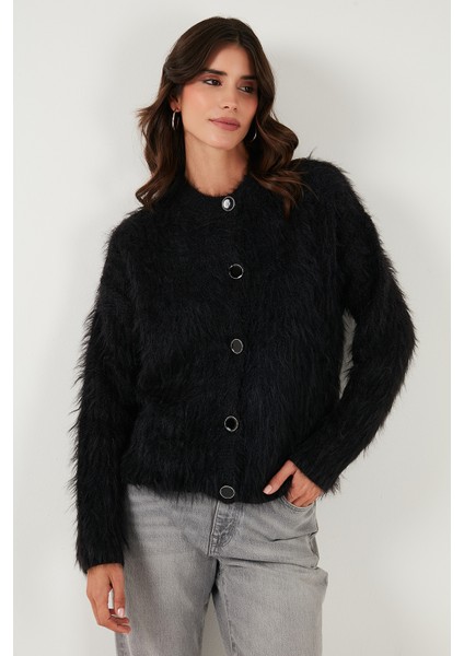 Yumuşak Tüylü Regular Fit Bisiklet Yaka Düğmeli Hırka Bayan Hırka 4617007 modelleri