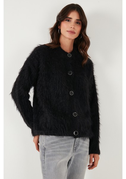 Yumuşak Tüylü Regular Fit Bisiklet Yaka Düğmeli Hırka Bayan Hırka 4617007 fırsatları