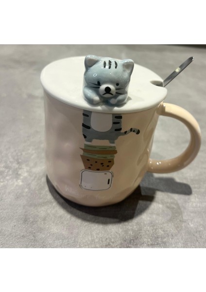 Kaşıklı Kapaklı Kedi Detaylı Porselen Kupa fiyatları