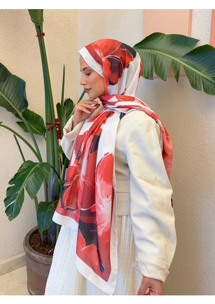 Retro Desen Pamuk Soft Şal Kadın Kırmızı Beyaz PS31