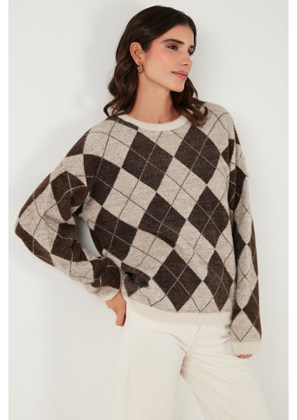 Baklava Desenli Oversize Bisiklet Yaka Yumuşak Dokulu Kazak Bayan Kazak 4616262 indirimleri