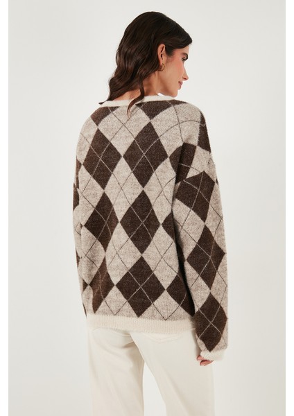 Baklava Desenli Oversize Bisiklet Yaka Yumuşak Dokulu Kazak Bayan Kazak 4616262