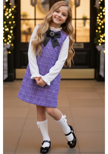 Kız Çocuk Lila Mor Vanessa Broş Detaylı Tüvit Uzun Kollu Yılbaşı Elbisesi