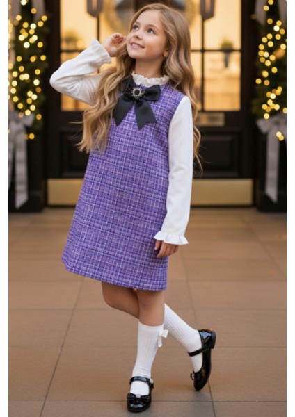 Kız Çocuk Lila Mor Vanessa Broş Detaylı Tüvit Uzun Kollu Yılbaşı Elbisesi fiyatları