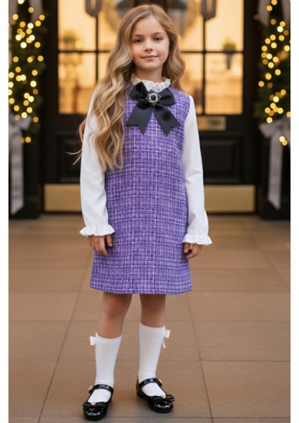 Kız Çocuk Lila Mor Vanessa Broş Detaylı Tüvit Uzun Kollu Yılbaşı Elbisesi fırsatları