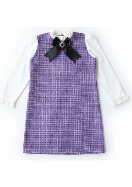 Kız Çocuk Lila Mor Vanessa Broş Detaylı Tüvit Uzun Kollu Yılbaşı Elbisesi indirimleri