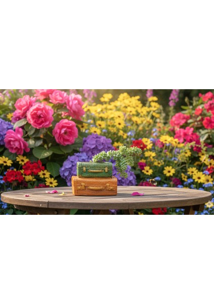 Vintage Çift Bavul Saksı- Masaüstü Düzenleyici- Dekoratif Bavul Saksı Kahve-Yeşil 12*8