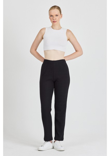 Kadın Siyah Yüksek Bel Fitilli Bol Paça Günlük Ince Eşofman Altı Pijama