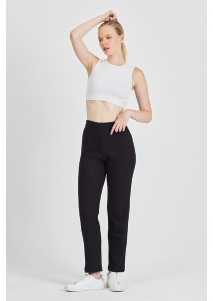 Kadın Siyah Yüksek Bel Fitilli Bol Paça Günlük Ince Eşofman Altı Pijama fiyatları