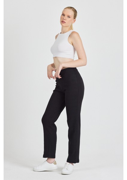 Kadın Siyah Yüksek Bel Fitilli Bol Paça Günlük Ince Eşofman Altı Pijama fırsatları