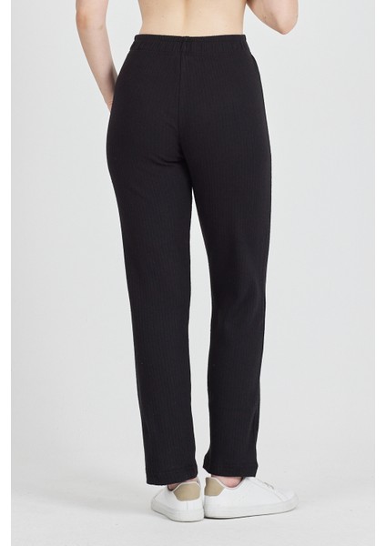 Kadın Siyah Yüksek Bel Fitilli Bol Paça Günlük Ince Eşofman Altı Pijama