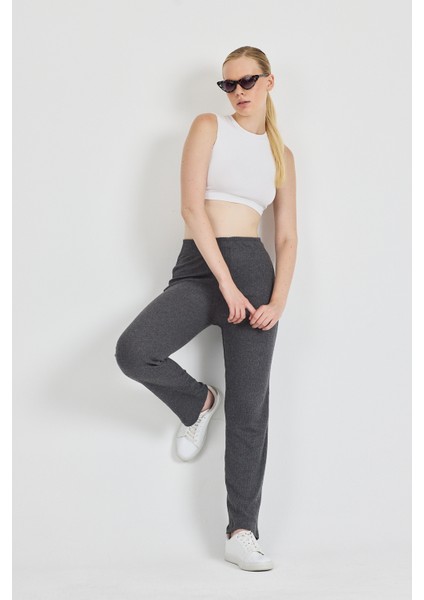 Kadın Füme Yüksek Bel Fitilli Bol Paça Günlük Ince Eşofman Altı Pijama