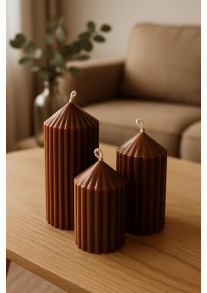 3’lü Oluklu Silindir Dekoratif Mum Seti Kahverengi (Büyük-Orta-Küçük)Büyük Boy:15- Orta Boy:12- Küçük Boy:8cm