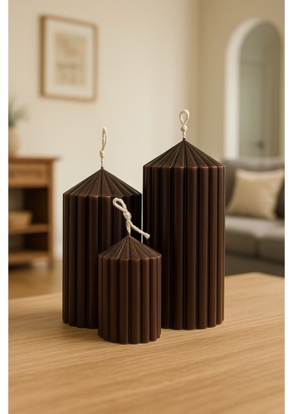 3’lü Oluklu Silindir Dekoratif Mum Seti Kahverengi (Büyük-Orta-Küçük)Büyük Boy:15- Orta Boy:12- Küçük Boy:8cm modelleri