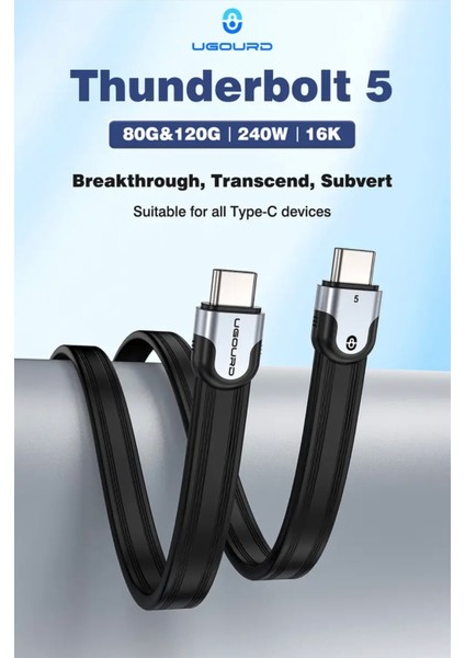 Thunderbolt 5 E-Marker Akıllı Çip 15-Cm. 240W 80Gbps 16K+8K+4K Pd 240W Görüntü Aktarım ve Type-C Hızlı Şarj ve Data Kablosu Thunderbolt 4/3 ile Uyumlu Yeni Nesil Son Teknoloji Kablo