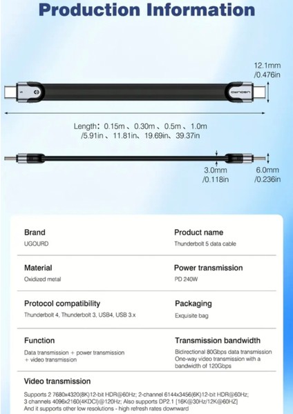 Thunderbolt 5 E-Marker Akıllı Çip 15-Cm. 240W 80Gbps 16K+8K+4K Pd 240W Görüntü Aktarım ve Type-C Hızlı Şarj ve Data Kablosu Thunderbolt 4/3 ile Uyumlu Yeni Nesil Son Teknoloji Kablo
