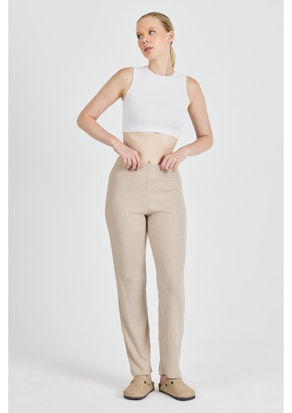 Kadın Vizon Yüksek Bel Fitilli Bol Paça Günlük Ince Eşofman Altı Pijama