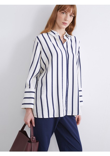 Yeni Sezon Büyük Beden Çizgili Kadın Gömlek Tunik