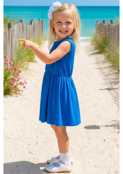 0002 - Kız Çocuk Saks Mavi Elbise Beyaz Toka Takım