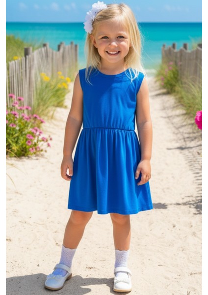 0002 - Kız Çocuk Saks Mavi Elbise Beyaz Toka Takım fiyatları